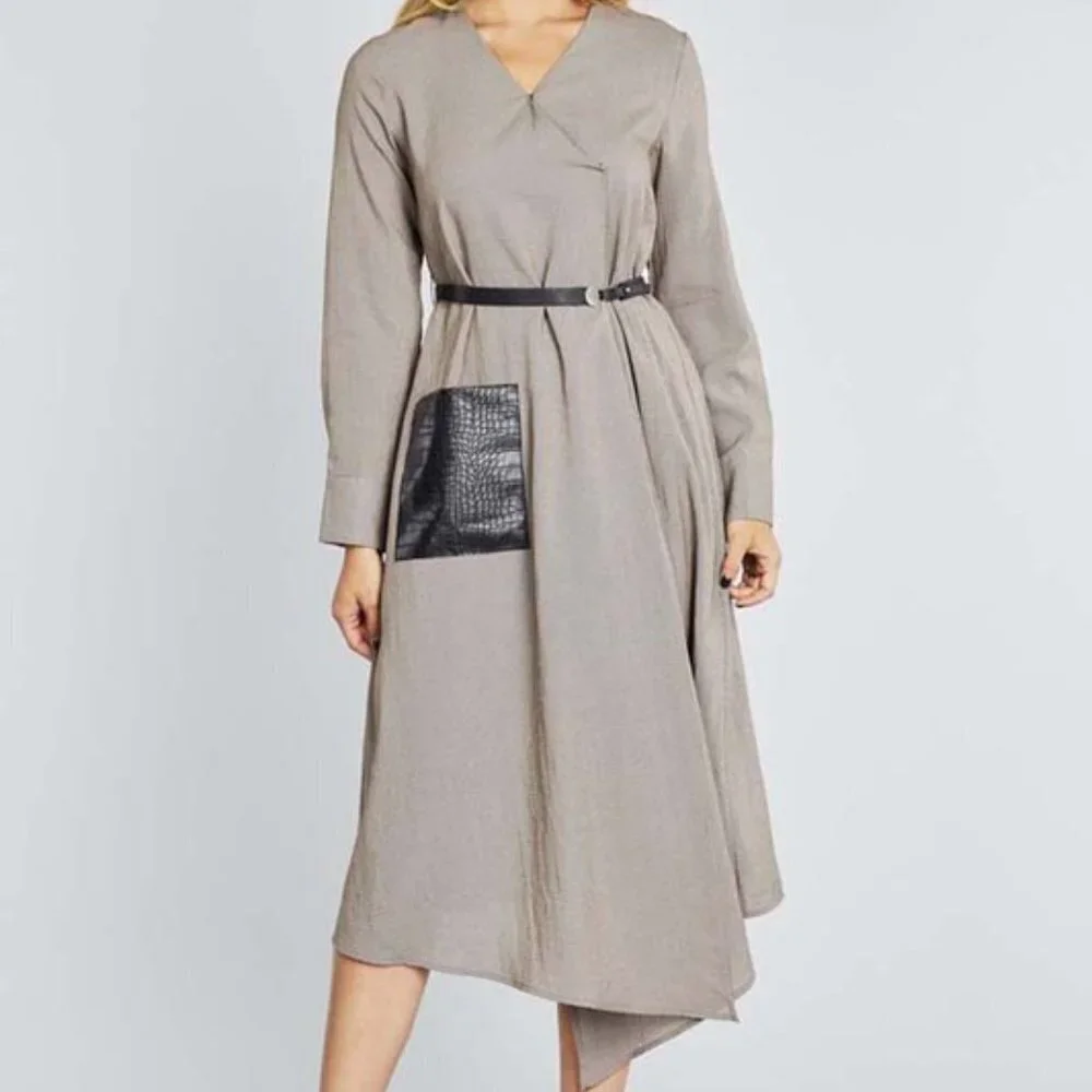 Belted Midi Dress w/ Faux Leather Pocket and Belt | Long Sleeve